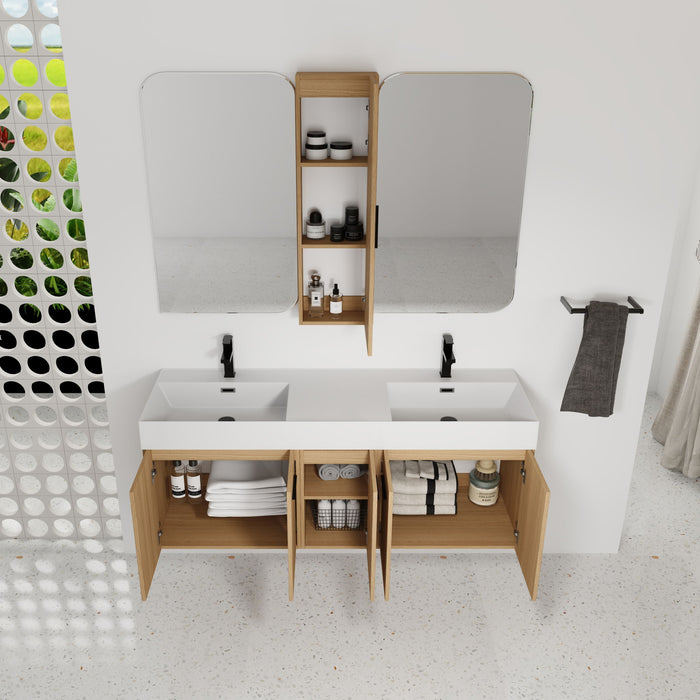 Floating Double Sink Bathroom Vanity Set With Tall Linen Cabinet, Extra Large Storage, Integrated Sink, Soft Close Doors - Glossy White / Light Oak