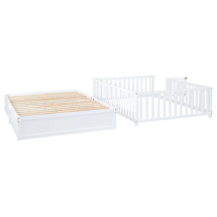 Daybed With Fence Guardrails And 2 Drawers, Split Into Independent Floor Bed & Daybed