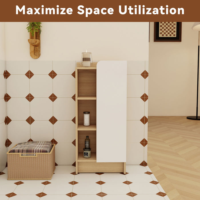 Freestanding Bathroom Side Cabinet, Narrow Storage Cabinet With Single Door & 3 Tier Open Shelves - Black / Light Oak / White