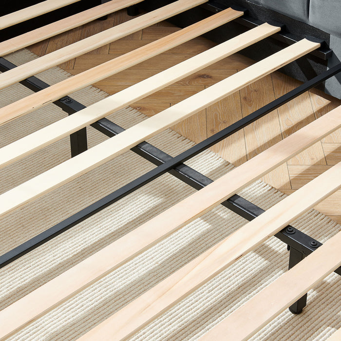 Mid-Century Upholstered Tufted Bed Frame With Backrest And Armrests