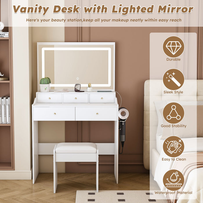 Modern Makeup Vanity Set With Power Outlet, Hair Dryer Holder, And Adjustable Lighting