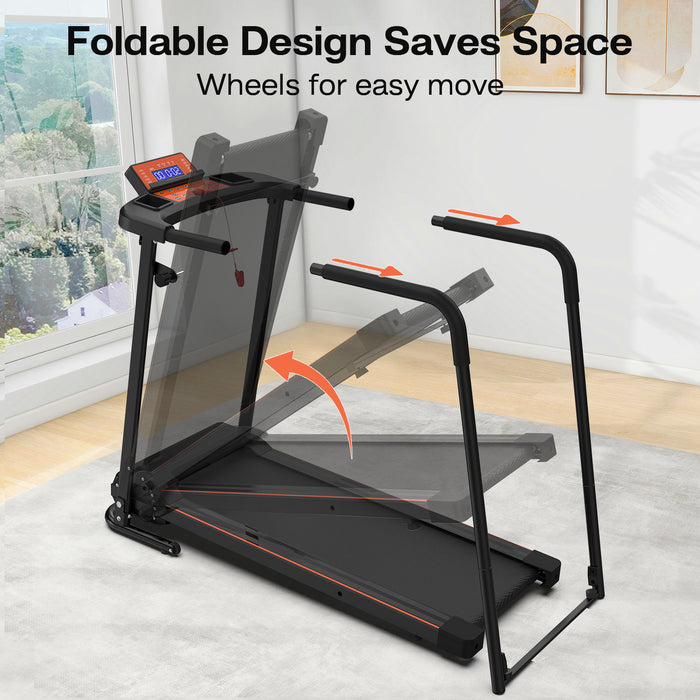 Home Fitness Treadmill With Extended Handrails, Portable Foldable Design - Black / Orange