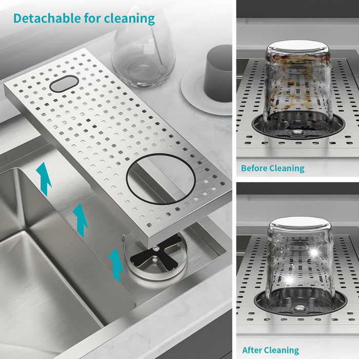 Single Bowl Workstation Kitchen Sink With Cup Washer 16 Gauge Stainless Steel - Black / Gray