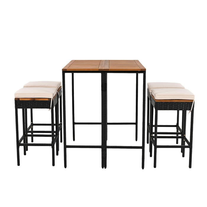 Outdoor Acacia Wood Bar Height Table And Eight Stools With Cushions