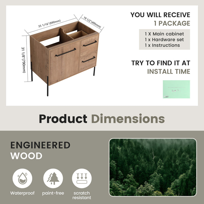35" Freestanding Bathroom Vanity With Soft Close Doors And 2 Drawers (Vanity Only) - Imitative Oak