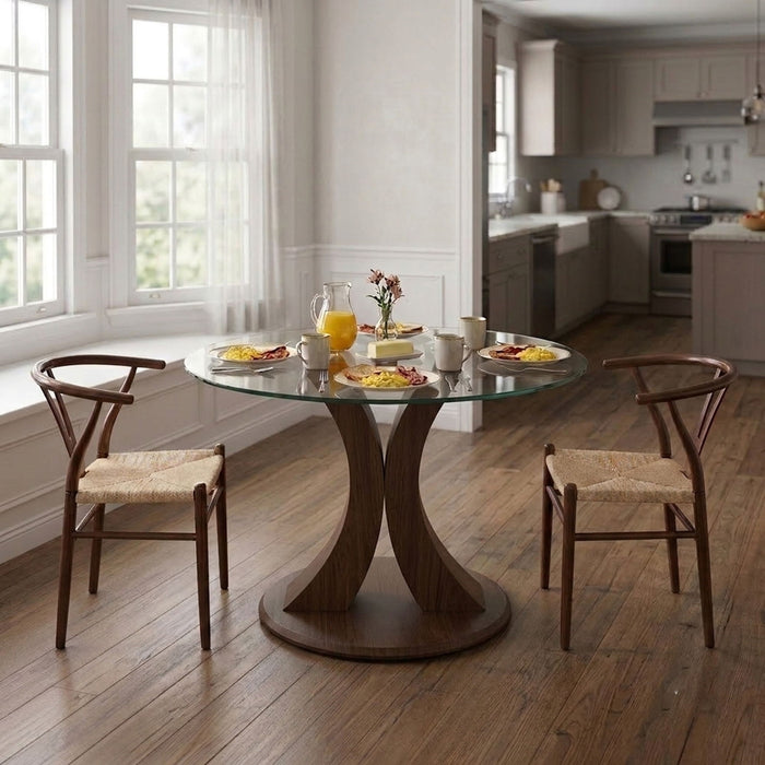 2 In 1 Round Glass Dining Table With Adjustable Curved Base, - Transparent / Walnut