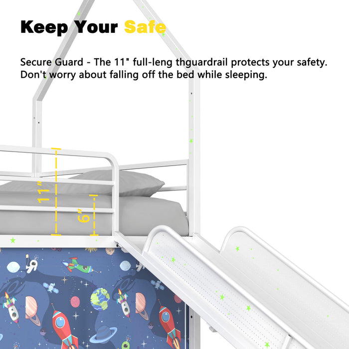 Jack - House Loft Bed With Slide And Curtain Set