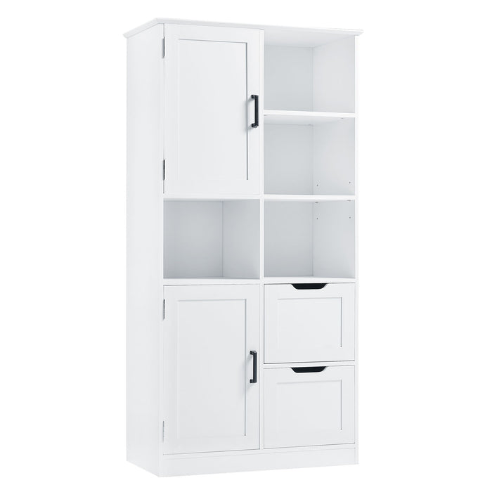 Freestanding Bathroom Storage Cabinet With Doors And Drawers, Adjustable Shelf, Open Shelves - White