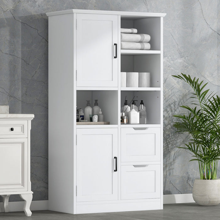 Freestanding Bathroom Storage Cabinet With Doors And Drawers, Adjustable Shelf, Open Shelves - White