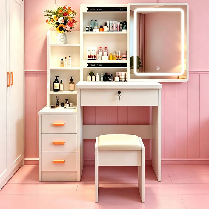 Vanity Set With LED Mirror, Storage Dressing Table & Cushioned Stool - Cream White