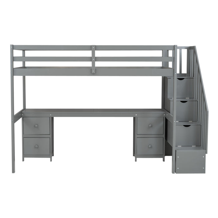 Loft Bed Frame With Built In Desk And Double Storage Drawers