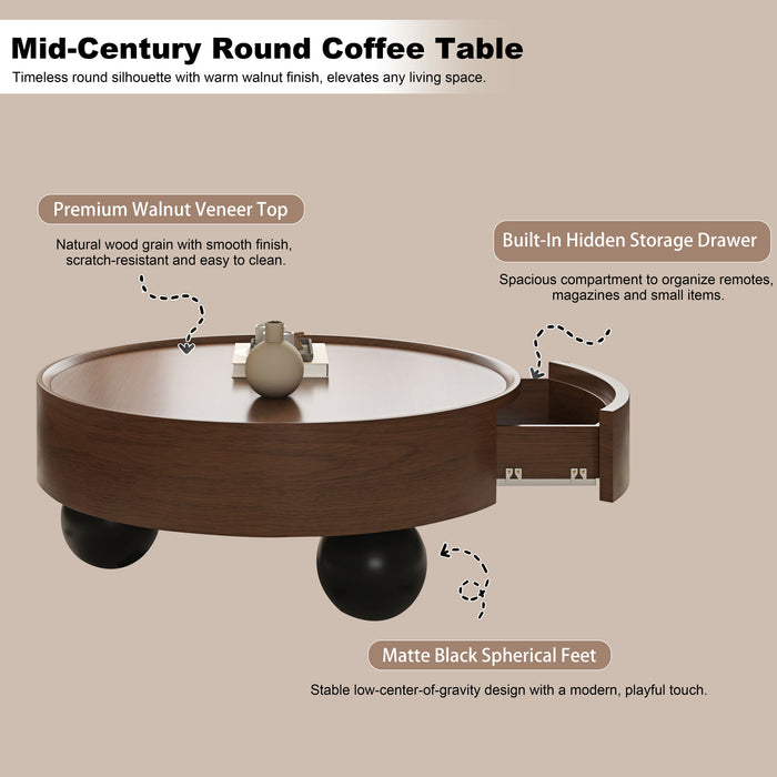 Round Coffee Table With Storage Drawer And Ball Feet - Walnut / Black