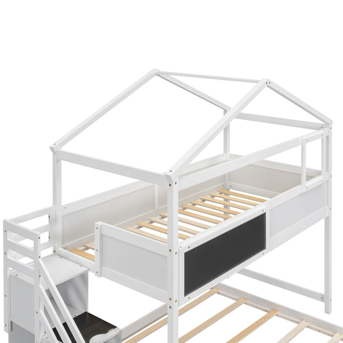 House Style Bunk Bed With Storage Staircase And Blackboard