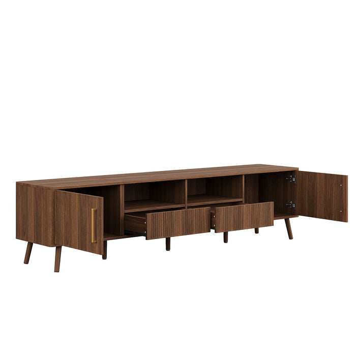 78" TV Stand For 85" TVs With Fluted Doors, Open Shelf, Cable Management - Walnut