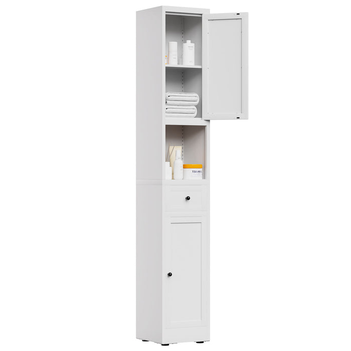 Tall Bathroom Storage Cabinet, 5-Tier Narrow With 2 Doors & Adjustable Shelves, Freestanding - White