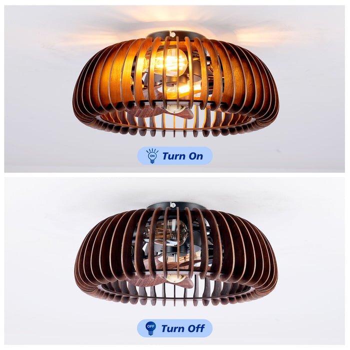 Semicircle Flush Mount Fan Light, (No Included Bulbs) And Remote Control, 6 Speeds, Quiet DC Motor For Living Room - Wood