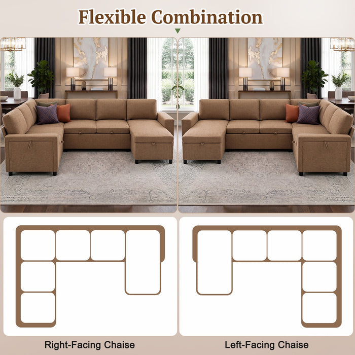 U - Shaped Convertible Sectional Sofa Bed With Storage, USB Charger & Cup Holders