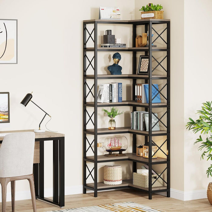 7 Tier Corner Bookshelf, Storage Unit For Living Room