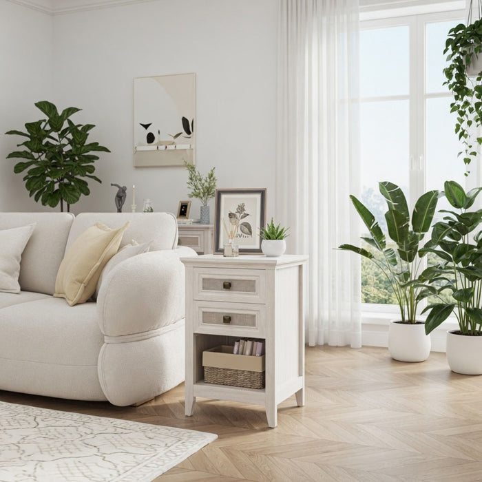 Nightstand With 2 Drawers & Shelf - White