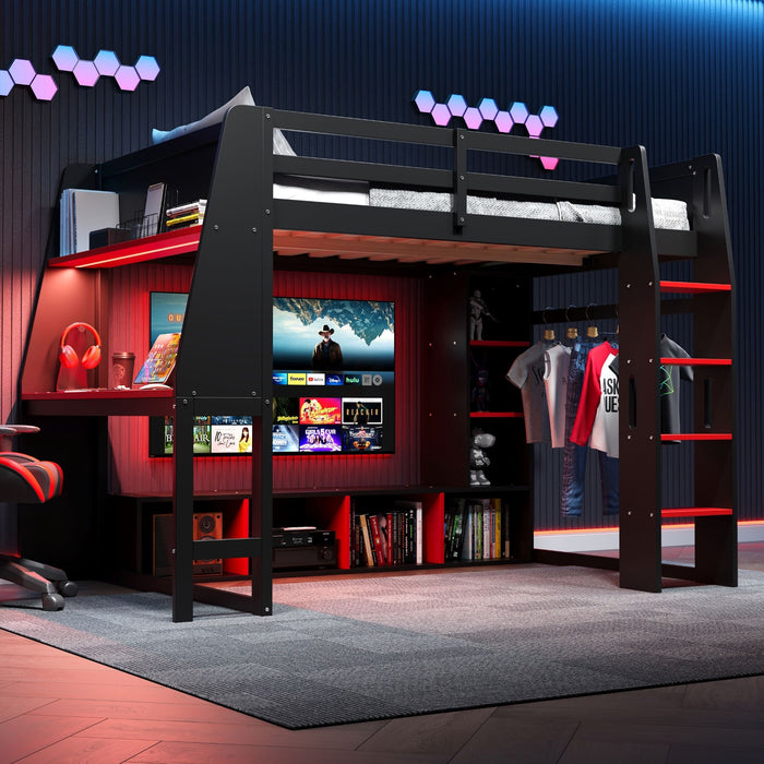 Gaming Loft Bed With Desk, Multi Storage Shelves, LED Lighting, And Hanging Clothes Rack