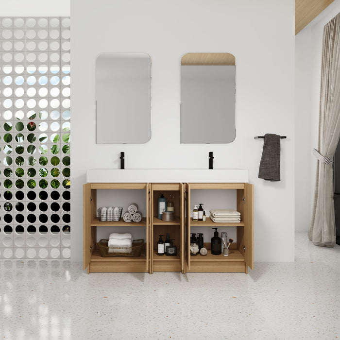 Double Sink Bathroom Vanity With Extra Large Storage, Integrated Sink, Freestanding Cabinet, Soft Close Doors - Glossy White / Light Oak