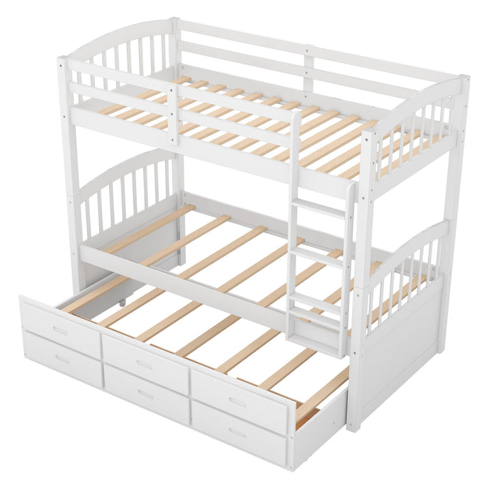 Bunk Bed With Trundle And Drawers, Arched Headboard And Footboard