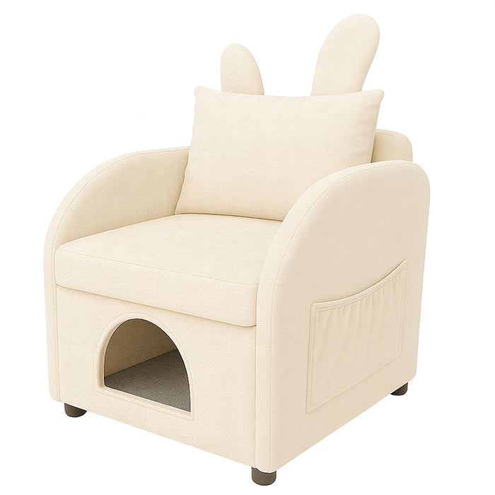 Bunny Ear Pet Friendly Armchair With Hidden Pet House With Storage Pocket For Bedroom & Living Room - Beige