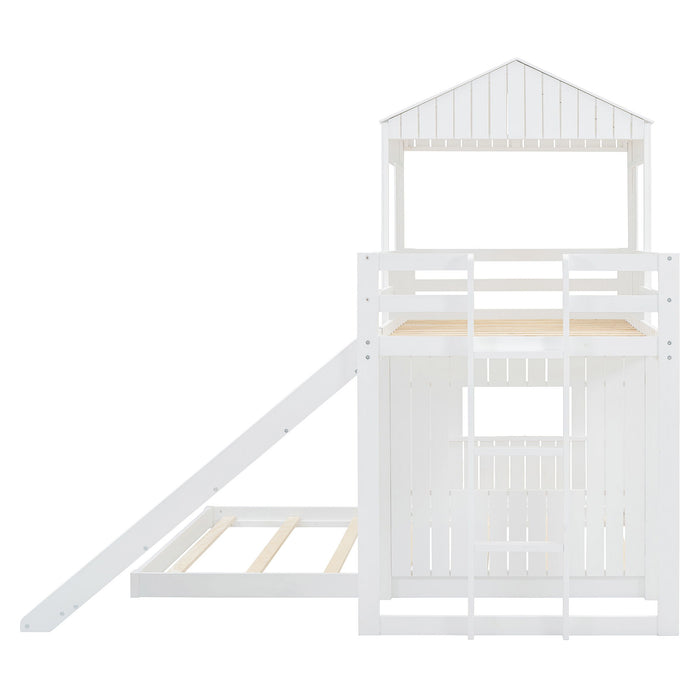 Loft Bunk Bed With Playhouse, Farmhouse, Ladder, Slide And Guardrails