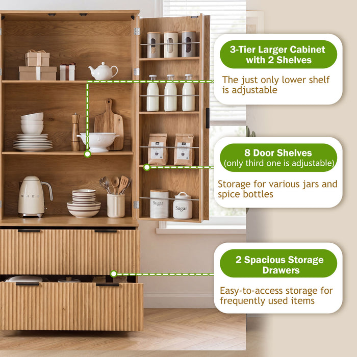 Fluted Kitchen Pantry Cabinet With 2 Large Drawers & 8 Door Spice Rack Freestanding Storage Organizer - Oak