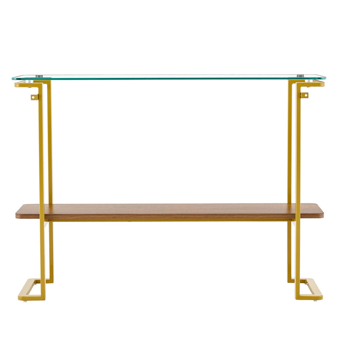 Console Table With Shelf, 2 Tier Living Room - Gold / Walnut