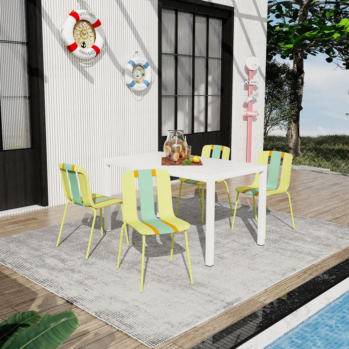 4 Piece Set Of Striped Color Blocking Single Chairs & Long Table - Grain Yellow / Haze Green / Tropical Orange / White