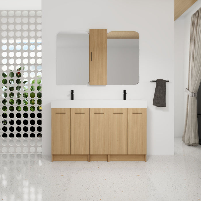 Double Sink Bathroom Vanity Set With Tall Linen Cabinet, Extra Large Storage, Integrated Sink, Freestanding Cabinet - Light Oak / White