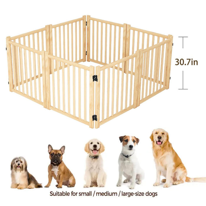 8 Panel Wooden Freestanding Dog Gate, Step Over Indoor Pet Fence For Doorways And Stairs - Natural Wood