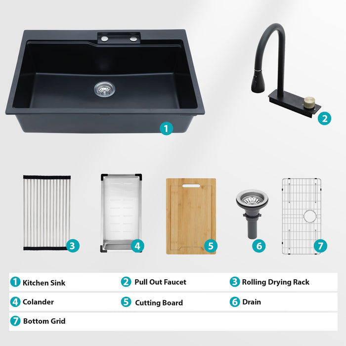 Waterfall Kitchen Sink With Pull Out Faucet & Cup Washer