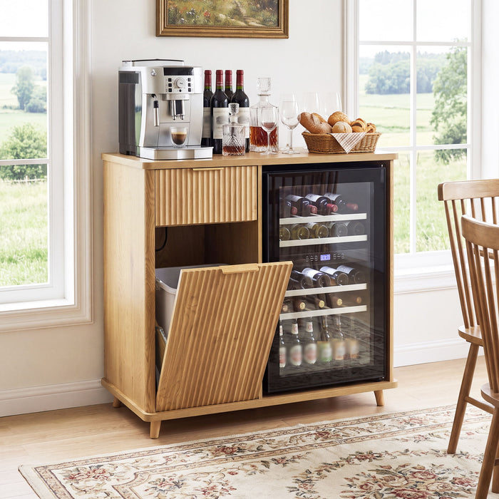 Fluted Coffee Bar Cabinet With Mini Fridge Space & Charging Station