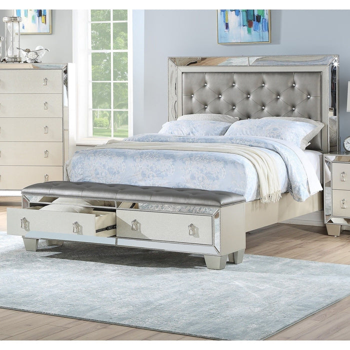 Glamorous Tufted Headboard Bed With Mirror Trim