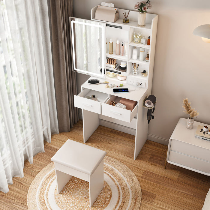 Space Saving Makeup Vanity Desk With Mirror & Adjustable Led Lights, Built-In Power Outlet, Hidden Storage, Includes Stool & Shelf - White