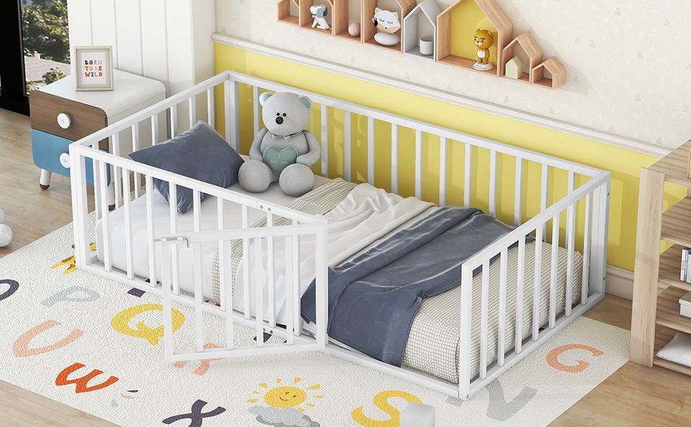 Metal Floor Bed Frame With Fence And Door
