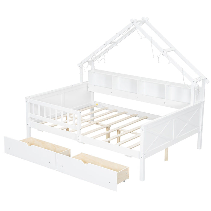 House Style Platform Bed With LED Lights, Storage Shelves, Drawers, And Guardrail