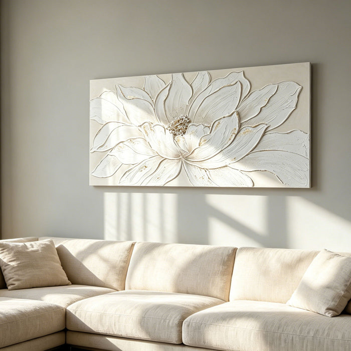 Lotus Flower Canvas Wall Art, Hand Painted Textured Floral Painting - Antique White