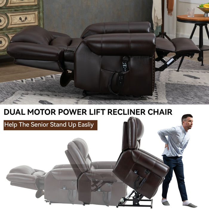 Power Lift Recliner Chair Heat Massage Dual Motor Infinite Position With USB Ports - Antique Brown