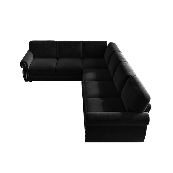 L-Shaped Sofa Couch With Pull Out Bed With Nailhead Trim & Rolled Arm