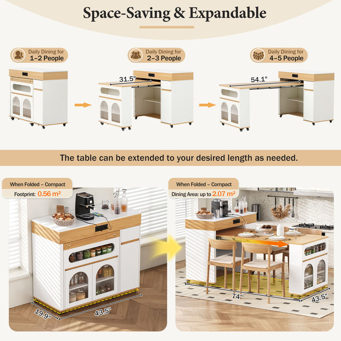 Extendable Dining Table With Folding Top, Rolling Kitchen Island With Drawers And Power Outlet