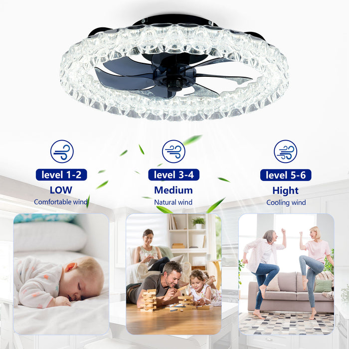 LED Light Source And Remote Control, 3000 - 6500K Dimmable Flush Mount LED Fan Light, 6 Speeds, Quiet DC Motor - Matte Black