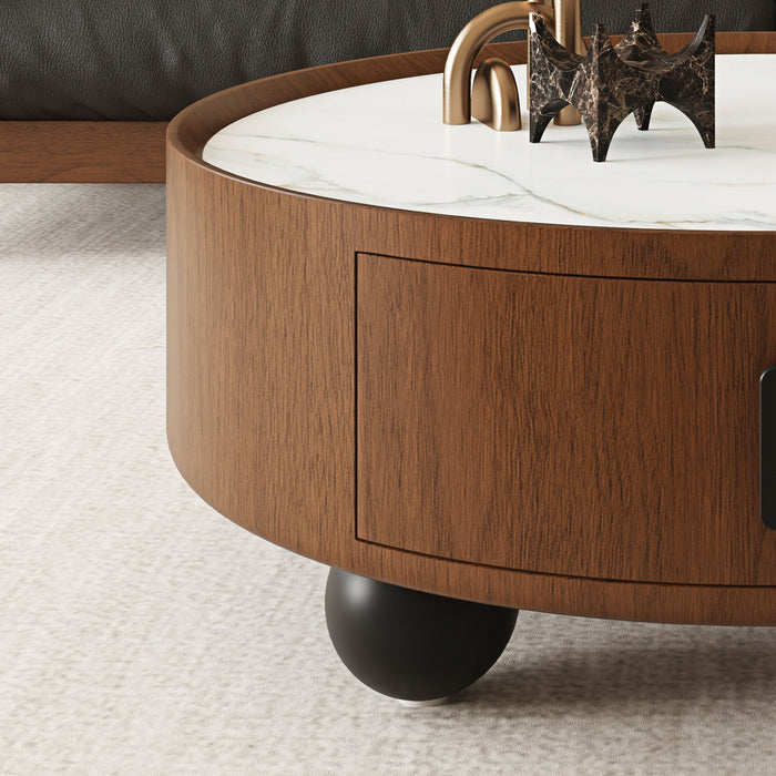Round Coffee Table With Ball Feet, Pull Handle Storage Drawer - Bouguer Walnut / Brown