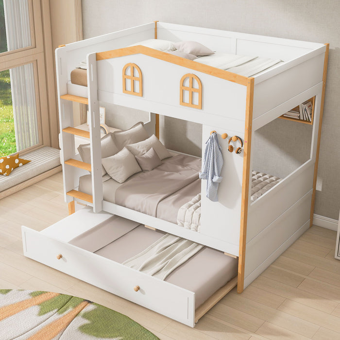 Bunk Bed With House Shaped Guardrails, Storage Shelves, And Trundle