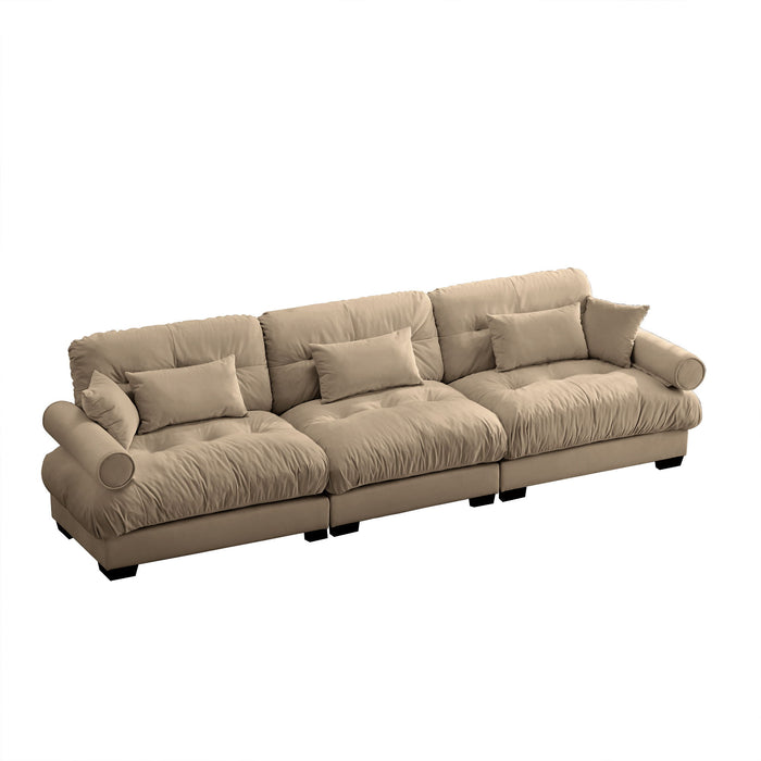 Modern Velvet Sofa With Bolstered Armrests And Pillows