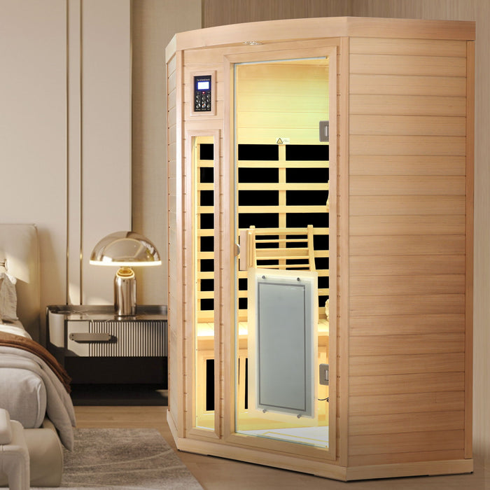 Low Emf Front Door With Heating Panel 2 Persons Hemlock Far Infrared Corner Indoor Sauna Room - Natural