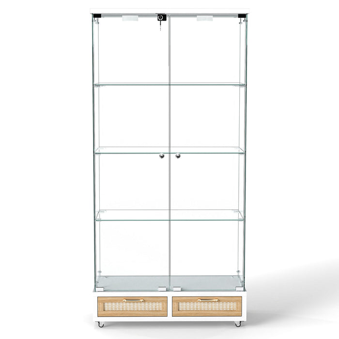 Glass Display Cabinet With LED Lights, Tempered Glass Doors, Large Drawers, 2 Door Storage Case With 4 Shelves - Natural / White