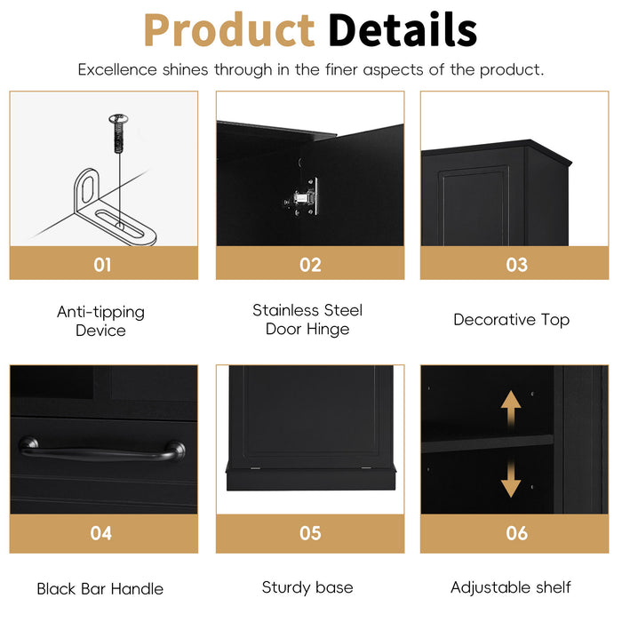 Modern Tall Storage Cabinet With Adjustable Shelves, Flip-Out Basket & Enclosed Doors